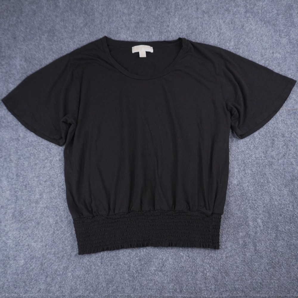 Michael Kors Smocked Waist Top Women XL Black Short Sleeve Scoop Neck Blouse